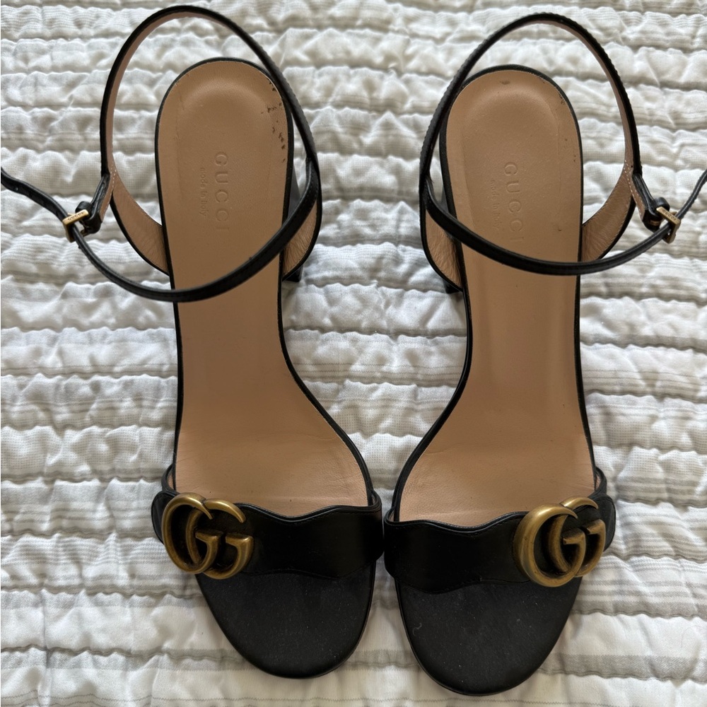 Gucci Marmont Leather Block Heel Sandals – Black, Size 38.5 (US 8.5)